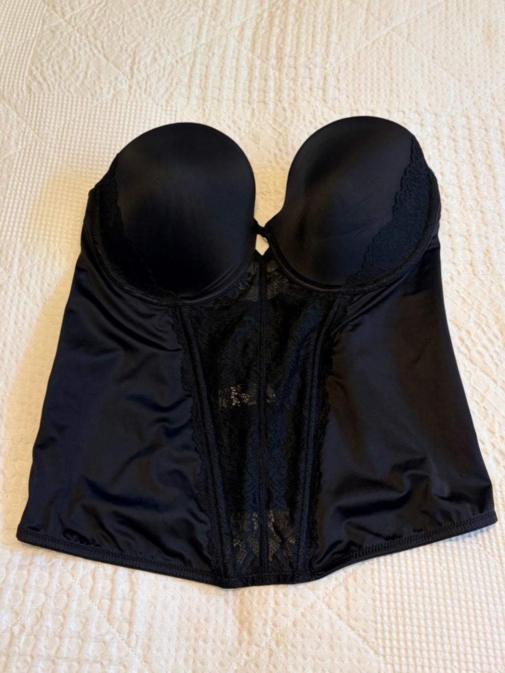 Maidenform Black Strapless Longline Bustier with Lace Trim and V back